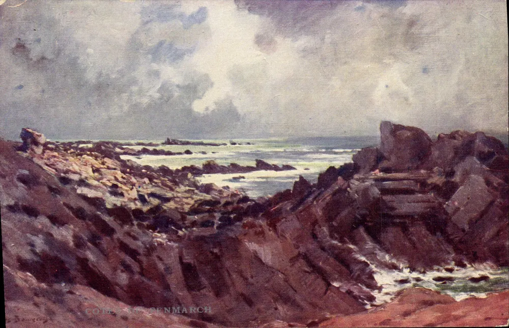 Côtes de Denmarch — paisagem costeira — por Eug. Bourgeois, série S.XIX, n°4 - Frente