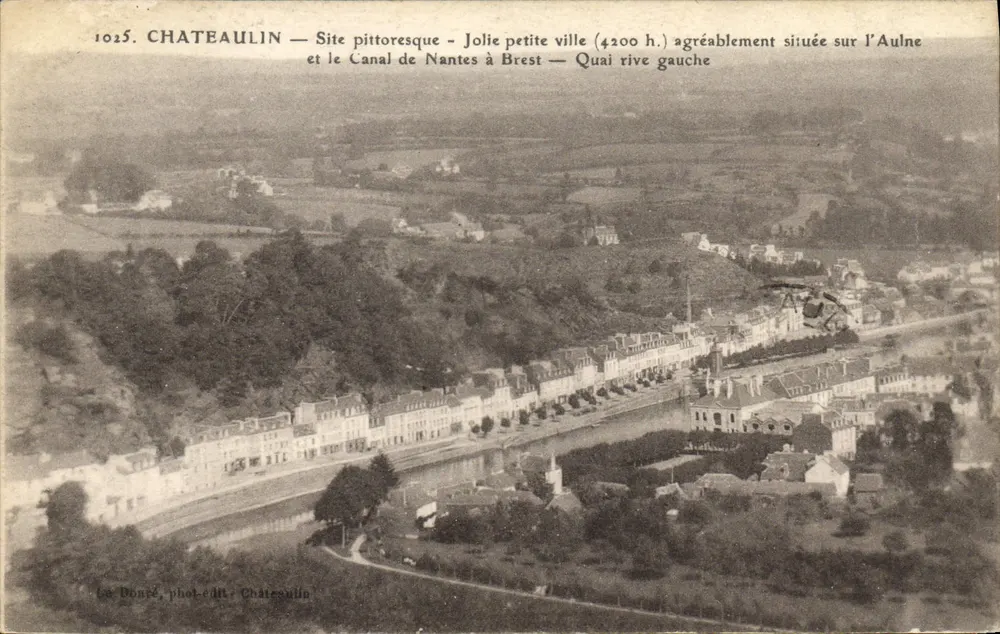 Châteaulin — Pittoresker Ort — Schöne kleine Stadt (4200 h.) angenehm gelegen am Aulne und am Kanal von Nantes nach Brest — Linker Uferkai — Le Donré, phot. publ. Châteaulin - Vorderseite