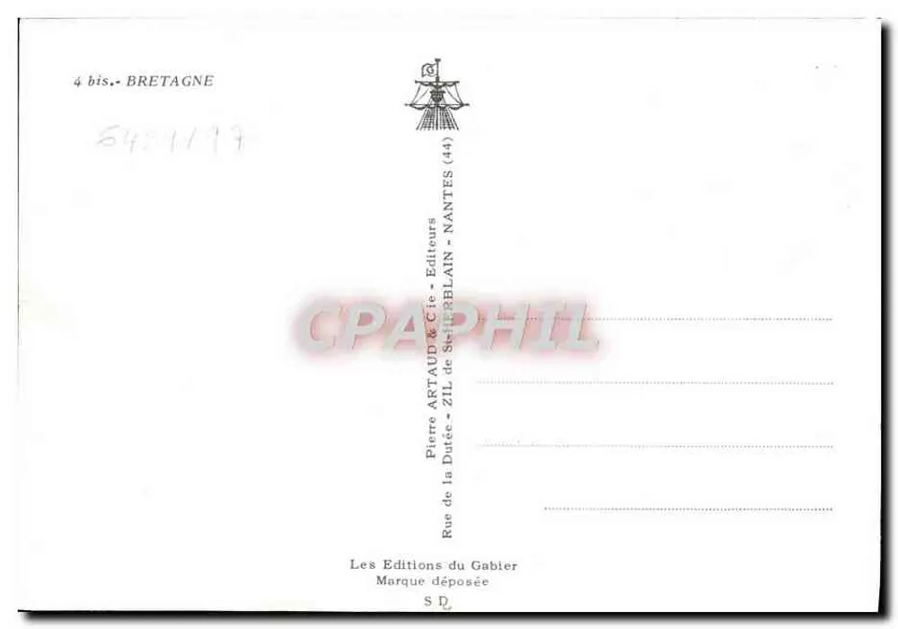 Carta postal ilustrada da Bretanha — Finistère — Editor Pierre Artaud & Cie, Nantes - Verso