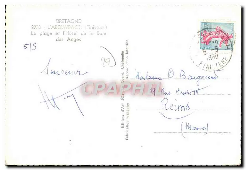 Aberwrac'h (Finistère) — Blick auf den Strand und das Hotel des Anges — Éditions d'Art Jos, Châtaignin - Rückseite