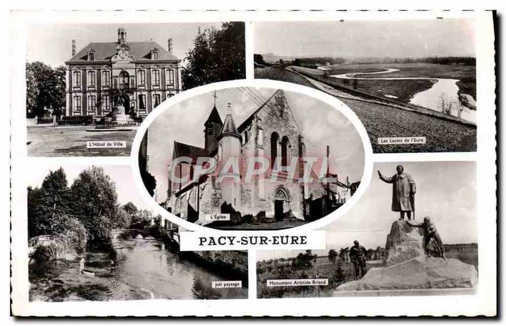 Pacy-sur-Eure — Panoramablick mit dem Rathaus, der Kirche, den Lacets de l'Eure und dem Monument Aristide Briand — Éditions Artaud père et fils - Vorderseite