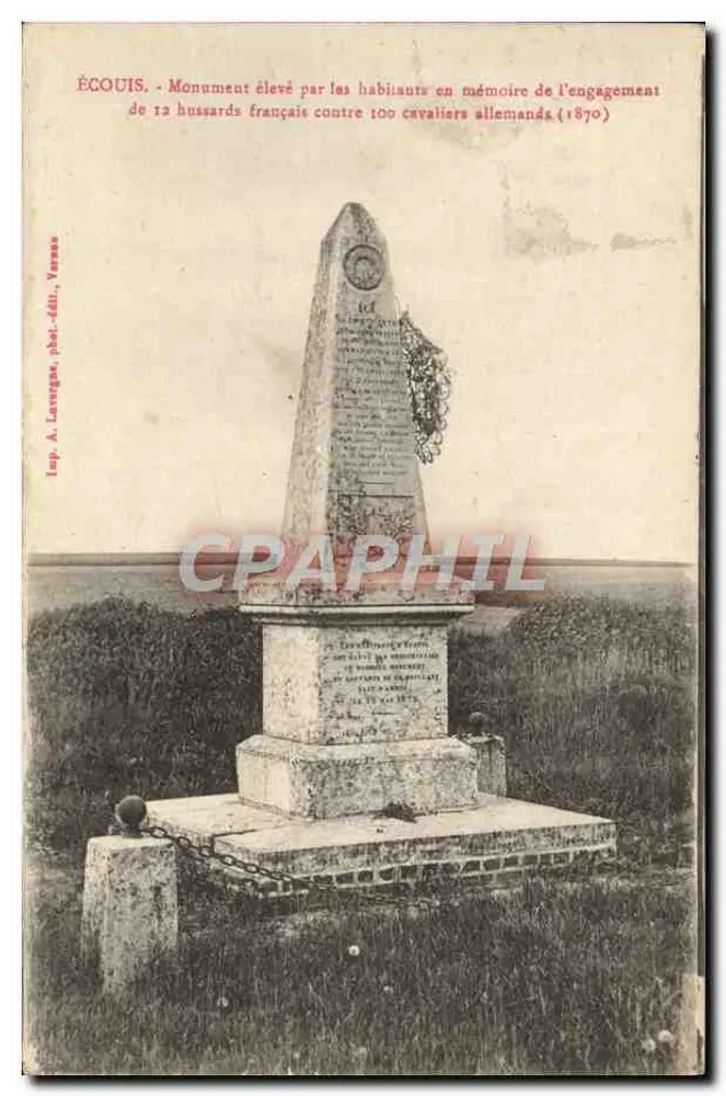 ÉCOUIS - Pomnik wybudowany przez mieszkańców na cześć zaangażowania 12 husarzy francuskich przeciwko 100 jeźdcom niemieckim (1870) - Wyd. A. Lavergne, fot.-wyd., Versanne - Awers