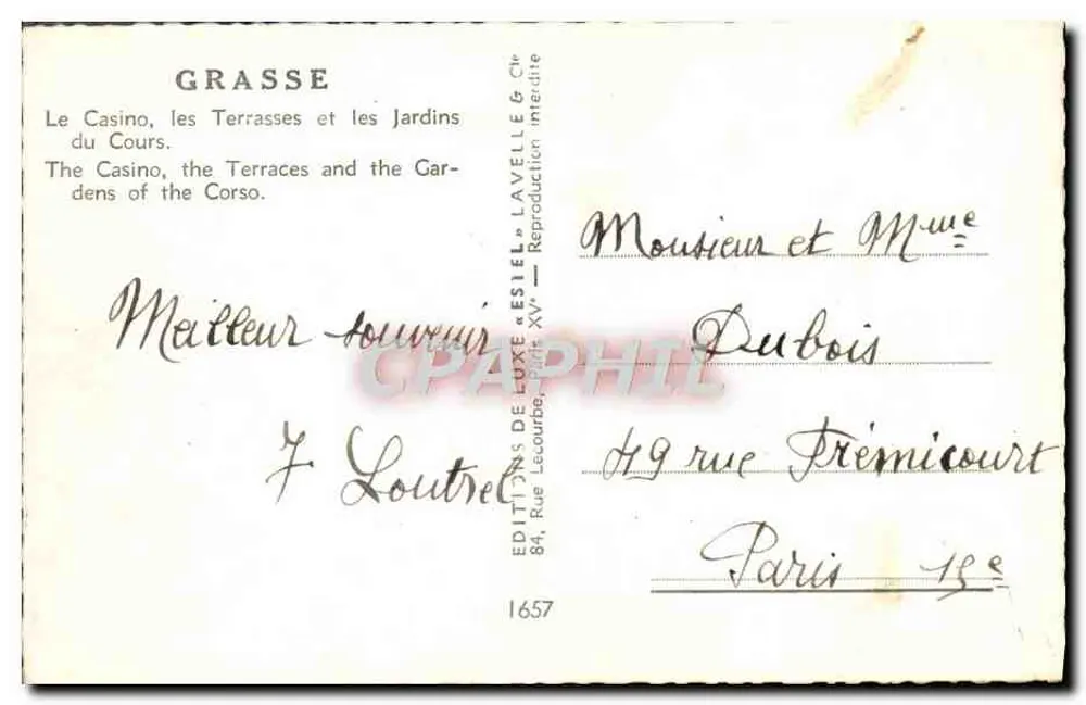 Grasse — Das Casino, die Terrassen und die Gärten des Cours — Éditions de Luxe « Estel » - Rückseite