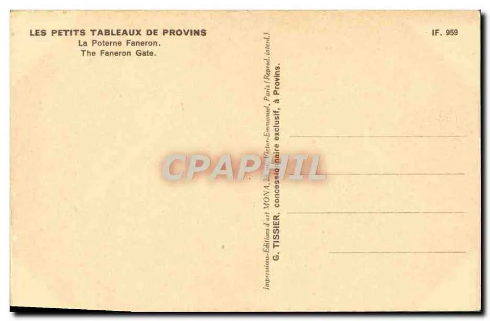 Die Faneron-Tür — Tor von Provins — Verlag G. TISSIER, n° IF. 959 - Rückseite