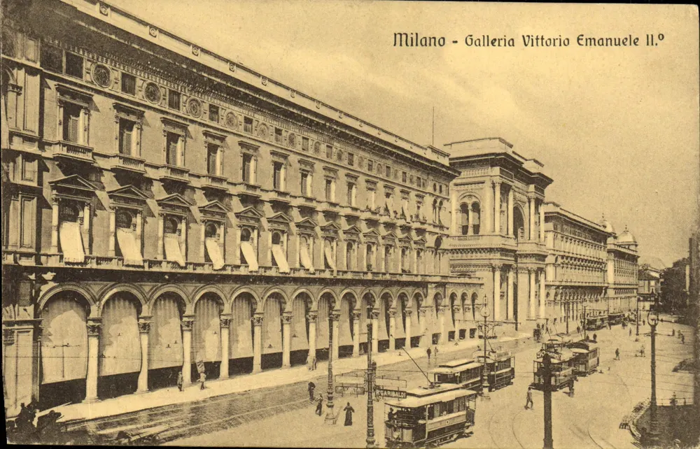 Mailand — Galleria Vittorio Emanuele II — Ansicht der Galerie mit Straßenbahnen — unbekannter Verlag, Seriennummer nicht sichtbar - Vorderseite