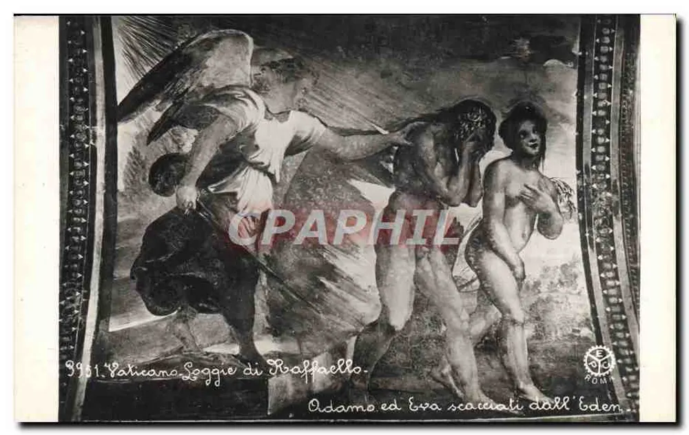 Logge de Raffaello — Adão e Eva expulsos do Éden — Editor E. ROMP, n° 3951 - Frente