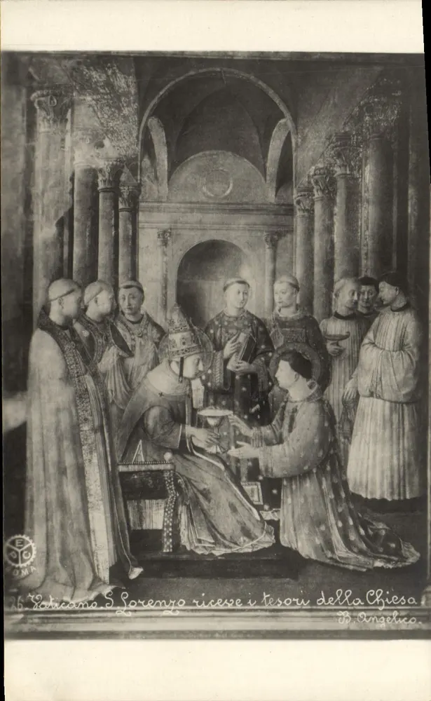 Papst Leo X empfängt die Schätze der Kirche — Nachbildung einer Malerei von B. Angelico — P. E. Chauffourier, Rom - Vorderseite