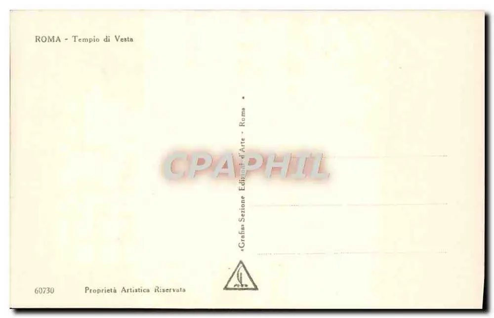 Roma - Templo de Vesta — ruína circular com colunas coríntias, torre sineira no fundo — Grana Sezione d'Arte, Roma, n° 60730 - Verso