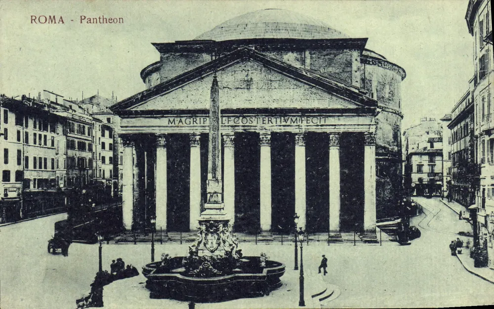 Roma - Panthéon — vista do monumento com inscrição e fonte — editor desconhecido - Frente