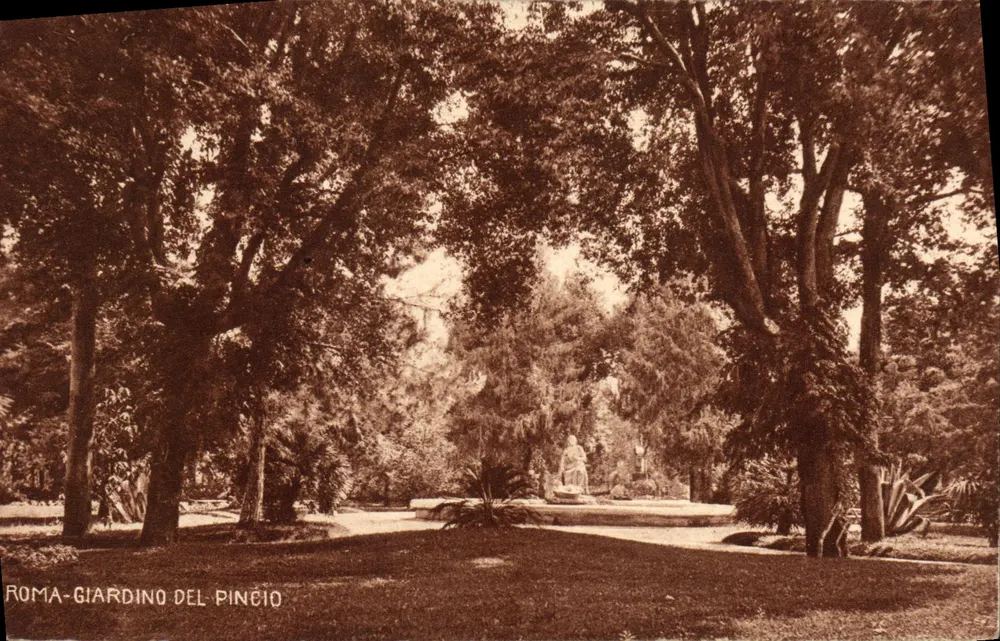 Roma - Giardino del Pincio — vista do jardim com estátua — Cartolina Postale, n° 62 - Frente