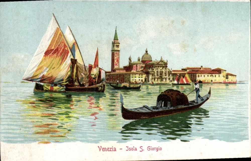 Veneza - Ilha S. Giorgio — vista da laguna com gôndola e barcos a vela — Ferd. Bobbate, Veneza - Frente