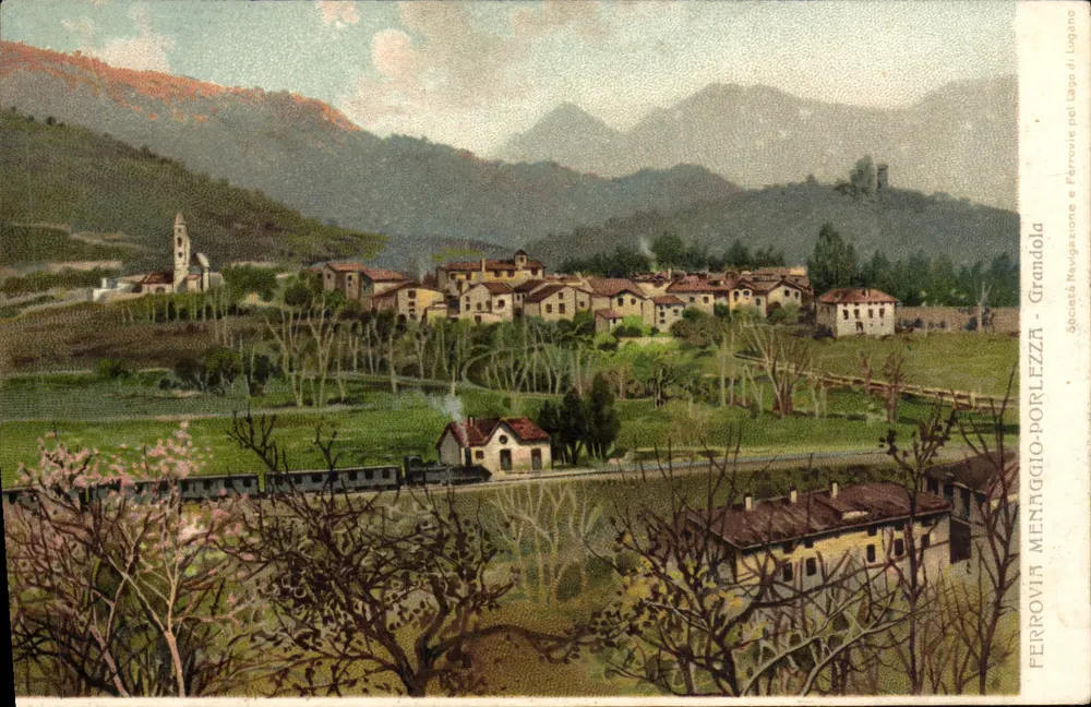 Grandola — Vista do vilarejo e da linha ferroviária — Società Ferrovie e Navigazione Grandola - Frente