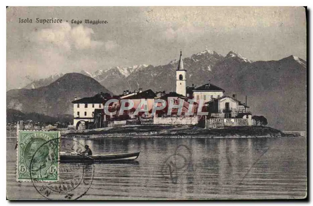 Isola Superiore - Lago Maggiore — vista de um vilarejo com igreja e montanhas no fundo — editor Brunner & C., Como & Zürich - Frente