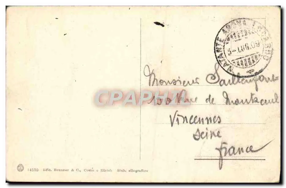Isola Superiore - Lago Maggiore — vista de um vilarejo com igreja e montanhas no fundo — editor Brunner & C., Como & Zürich - Verso