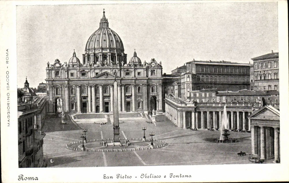 São Pedro - Obelisco e Fonte — vista da basílica São Pedro com o obelisco e a fonte — editor Maggiorino Isacco, Roma - Frente