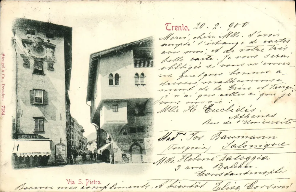 Vista de Via S. Pietro em Trento — Stengel & Co. Dresden, n° 7184 - Frente