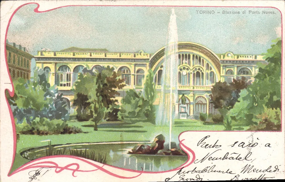 Turin – Bahnhof Porta Nuova — Ansicht der Station mit Brunnen und Park - Vorderseite