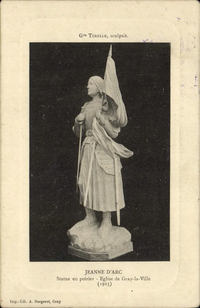 Jeanne d'Arc — Holzstatue im Kirchhof von Gray-la-Ville — Imp. Lib. A. Bergeret, Gray - Vorderseite