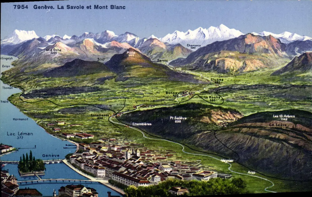 Genf. Savoyen und Mont Blanc — Panoramablick — Phalatotypie Ca. Neuchâtel - Vorderseite