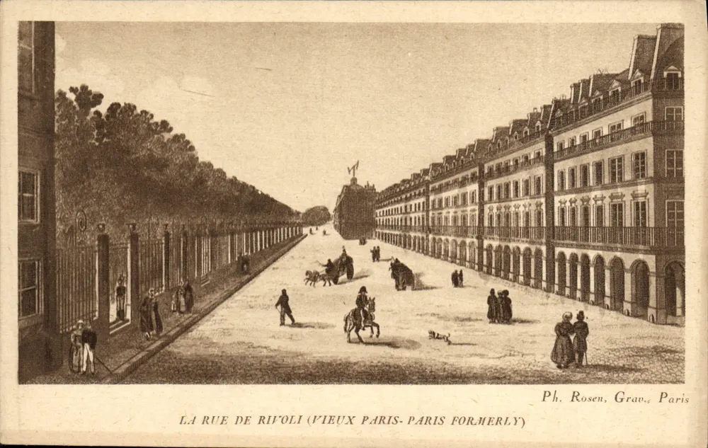 La Rue de Rivoli (Vieux Paris - Paris Formerly) — gravura — Ph. Rosen, Grav., Paris - Frente