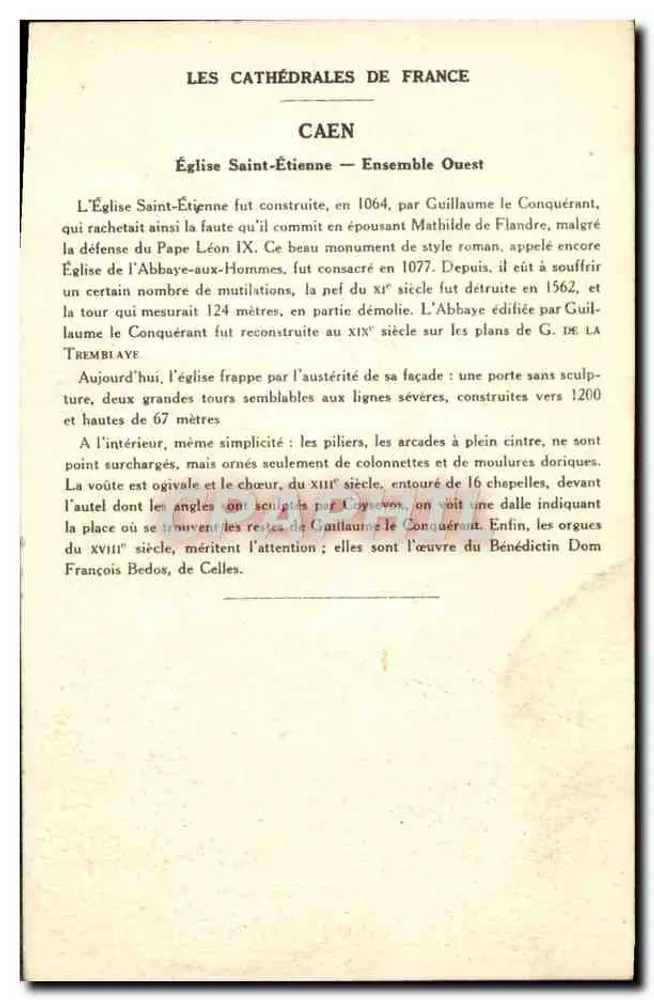 CAEN (Calvados) — Igreja de São Etienne (Conjunto Oeste) — Coleção da Kolarsine e da Solução Paultauberge - Verso