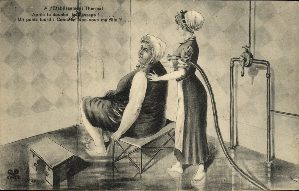 Estabelecimento Termal — Após a ducha, o massagem !... Um peso pesado : Quantos você é minha filha ?... — J. M. (editor ?) n° 6239 - Frente