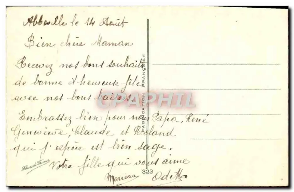 Bouquet de roses et de mimosa — éditeur 'FABRICATION FRANÇAISE' et n° 323 - Verso