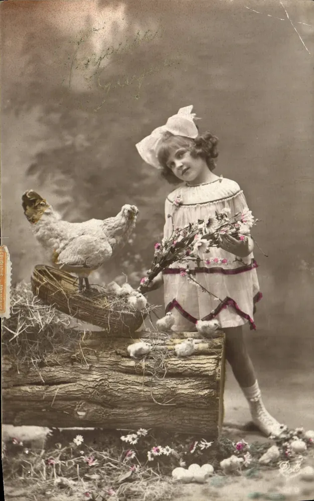 Osterfeste — Kind mit Hühnern und Eiern — Verlag: F. G. G. (gedruckt unten rechts) - Vorderseite