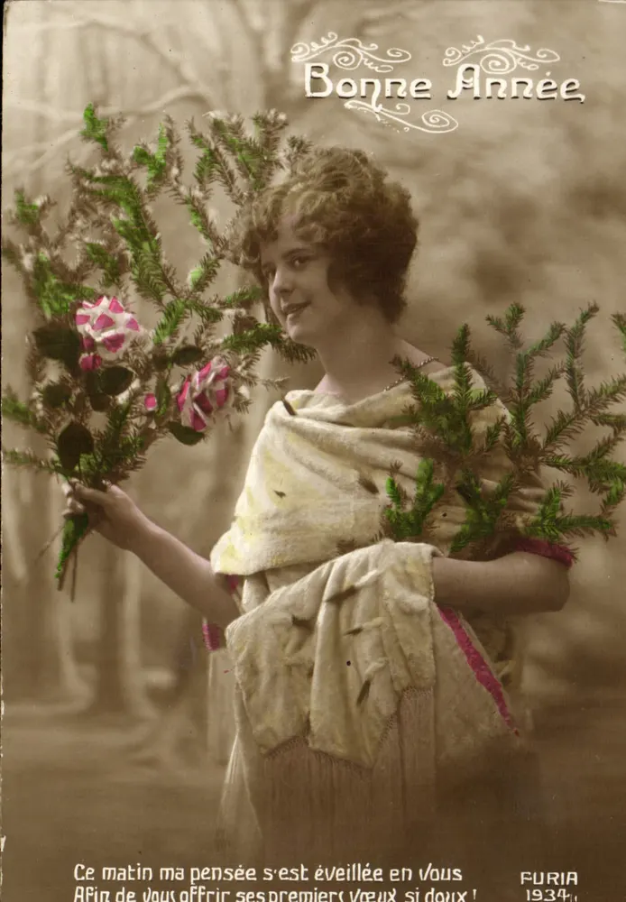 Frau mit Tannenbouquet — Frohe Neujahr 1934 — Furia - Vorderseite