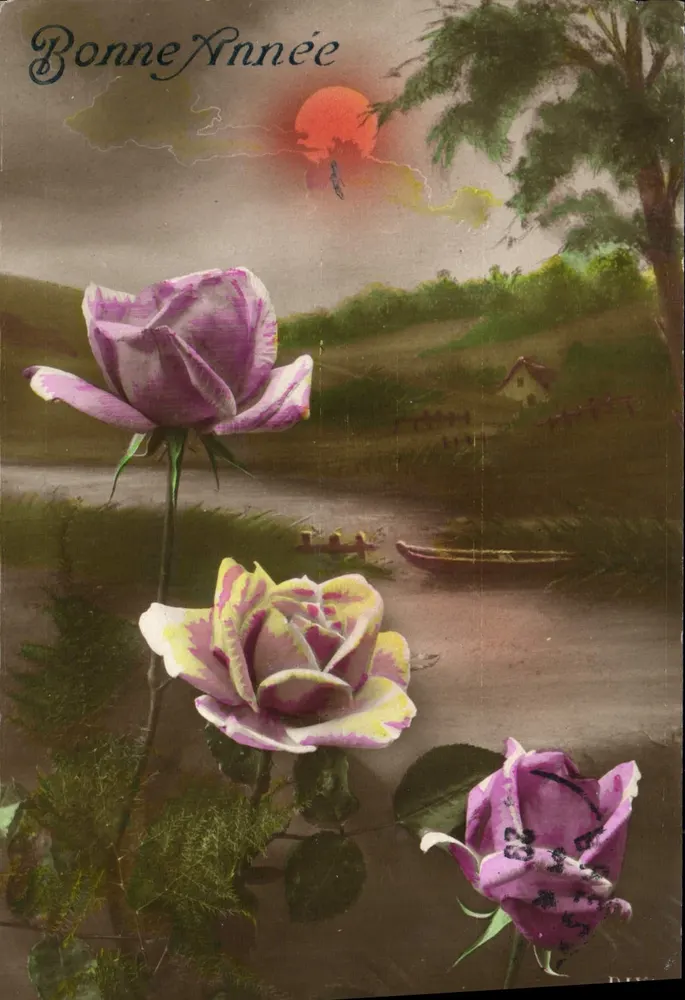 Rosen und Landschaft — Frohes Neues Jahr — unbekannter Verlag - Vorderseite