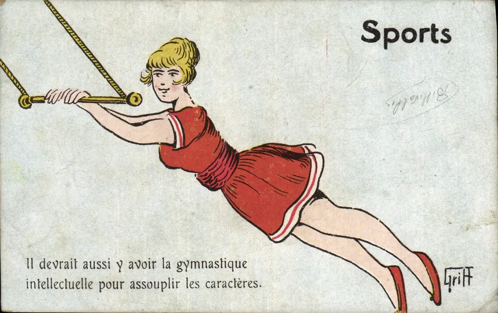 Femme en tenue de sport — gymnastique sur barre — éditeur Griffe - Recto
