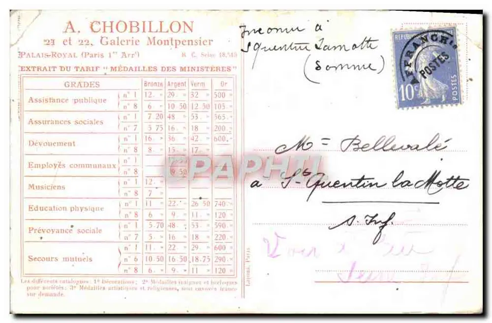 Münzen und Orden — Sammlung französischer Münzen mit ihren Bändern und Beschreibungen — Verlag A. CHOBILLON, Palais-Royal (Paris 1. Arrondissement) - Rückseite