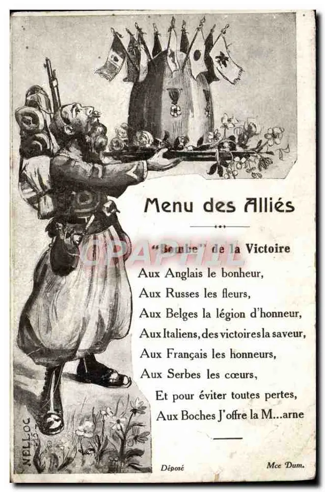 Soldat offrant des fleurs — 'Menu des Alliés' — Éditions DUM, Paris - Recto