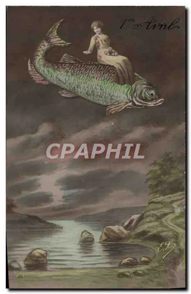 Frau, die auf einem Fisch sitzt — 1. April — Seriennummer E.G.7 - Vorderseite