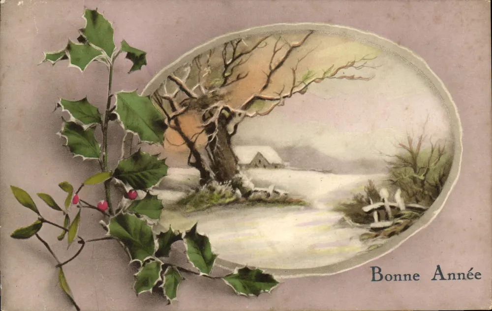 Winterlandschaft — Efeu und Text "Bonne Année" — Luxographie Série N° 58 - Vorderseite
