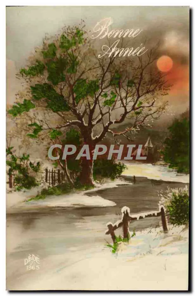 Winterlandschaft — schneebedeckter Baum, Sonnenuntergang — DÉDR 1365 - Vorderseite