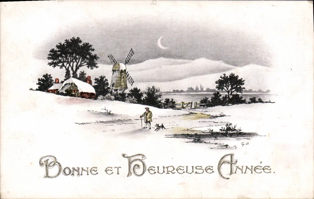 Winterlandschaft mit Windmühle — 'Gute und glückliche Neujahrszeit' — Later Art Co., Florence House, Barnes, London, S.W. Nr. 2282 - Vorderseite