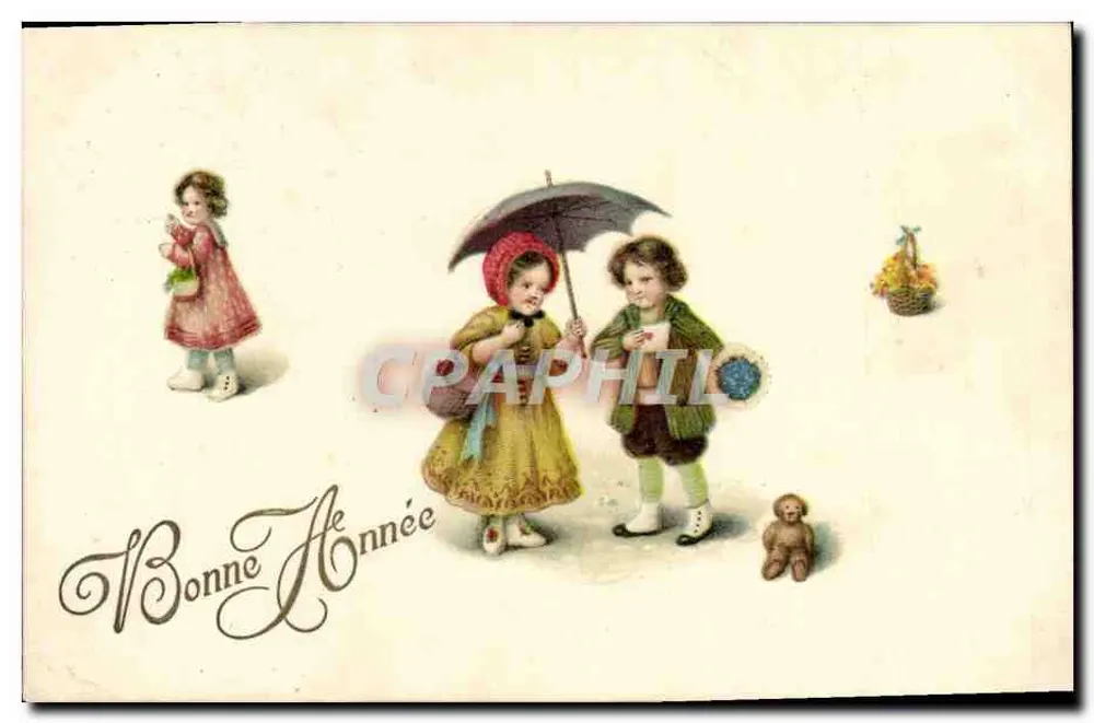 Kinder, die unter einem Regenschirm spielen — Frohe Neujahr — Made in Germany - Vorderseite