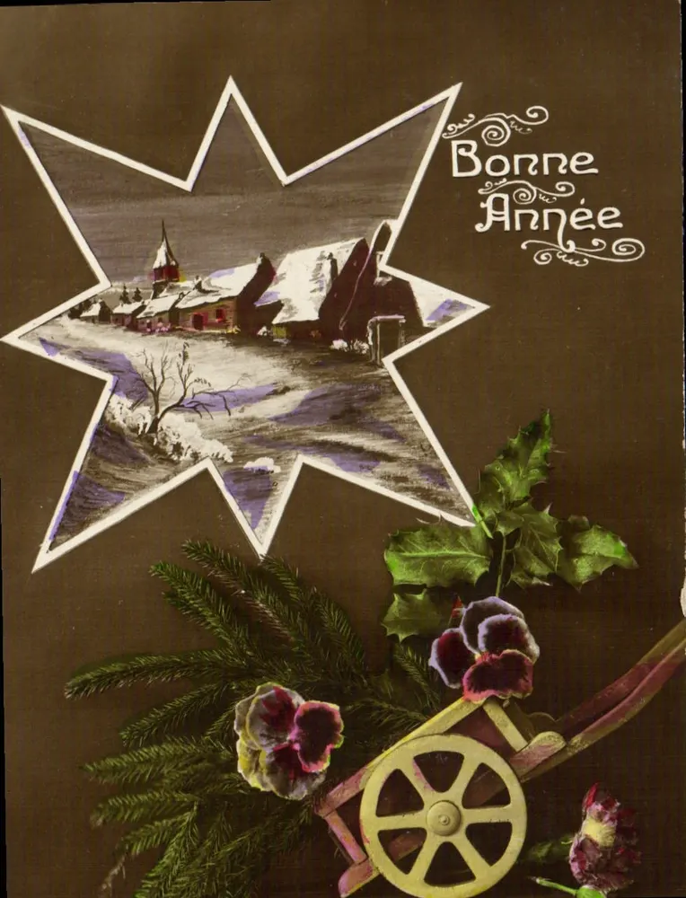 Schneeviertel — Weihnachtsdeko mit Stern, Tannenblättern und Blumen — Verleger nicht sichtbar - Vorderseite