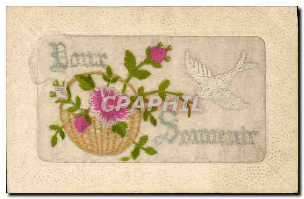 Buquê de rosas e pomba — carta postal bordada — edição Gloria - Frente