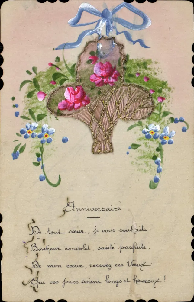Arranjo de rosas e myosotis — Aniversário — Carta postal decorativa - Frente