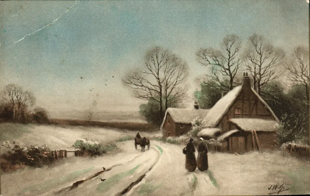 Winterlandschaft — Schneepfad mit Haus und Kutsche — J.W.P. (Unterschrieben) - Vorderseite