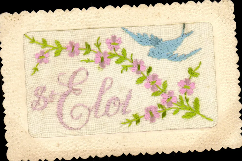 St. Eloi — cartão postal bordado com pássaro e flores — editor desconhecido - Frente