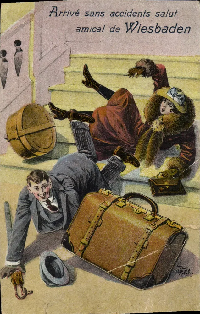 Arrivée sans accidents — scène comique de Wiesbaden — éditeur J. TEIER - Frente