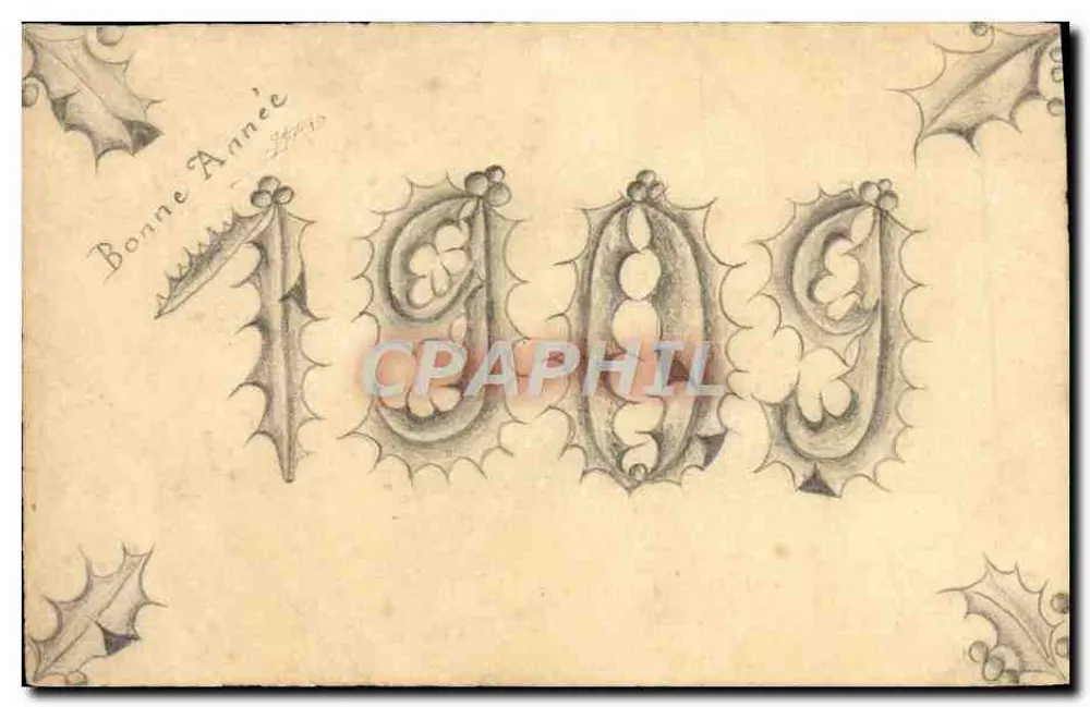 Bonne Année 1909 — dessin de houx — éditeur inconnu - Recto