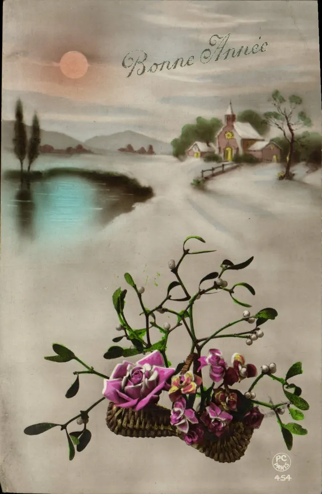 Paysage hivernal avec église — scène de Noël avec panier de roses et gui — éditeur PC PARIS n°454 - Recto