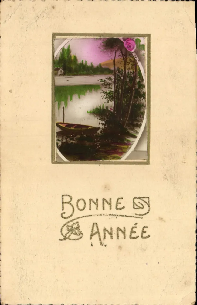 Scène lacustre — bateau au bord d'un lac avec rose — éditeur Azeur - Recto
