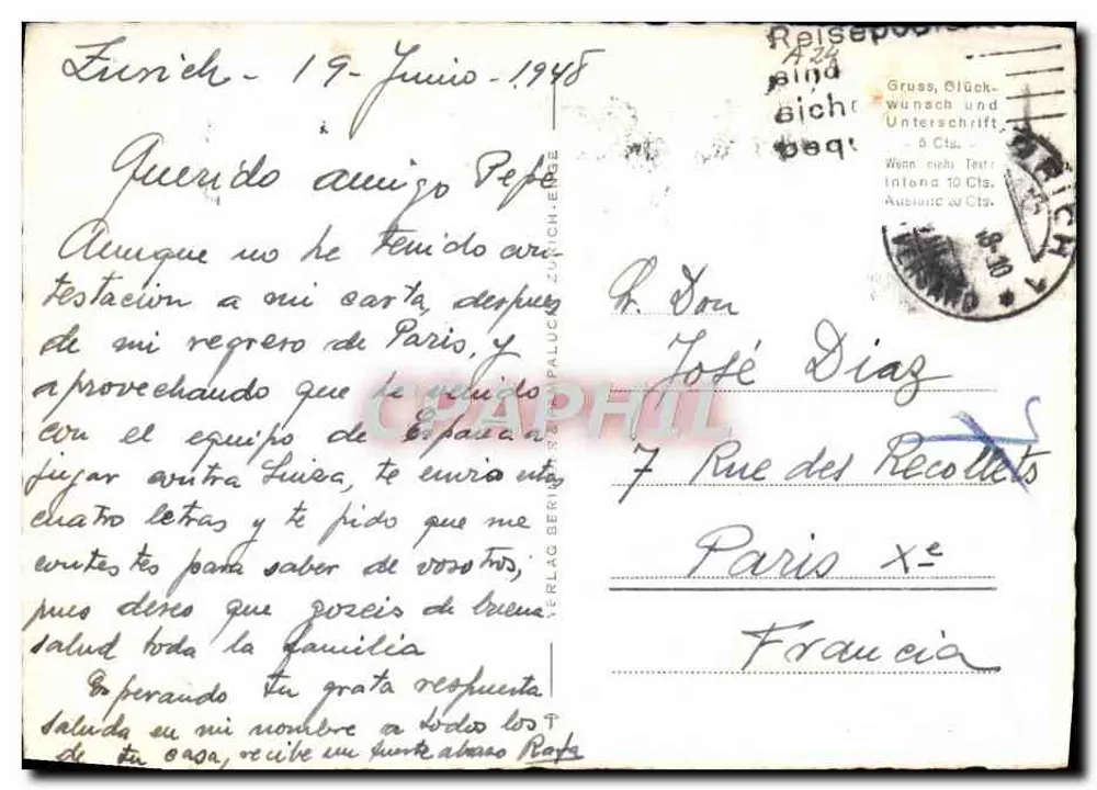 Zurich, la ville intérieure — vue aérienne — Z-2850 — éditeur Reise-Postkarten - Verso