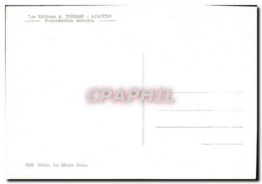 Córcega. El Monte Doro — vista de montaña con carretera y coche — Ediciones A. TOMASI - AJACCIO, n° 2522 - Reverso