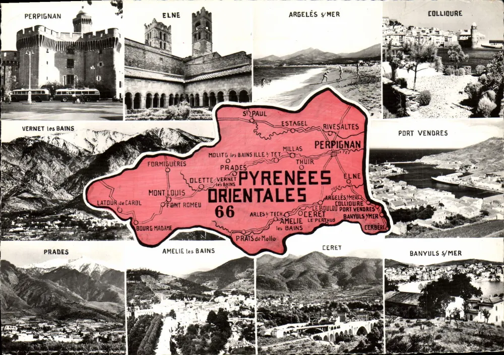 Pyrénées-Orientales — Carta postal panorâmica com mapa geográfico — Cie des Arts Photomécaniques - Frente